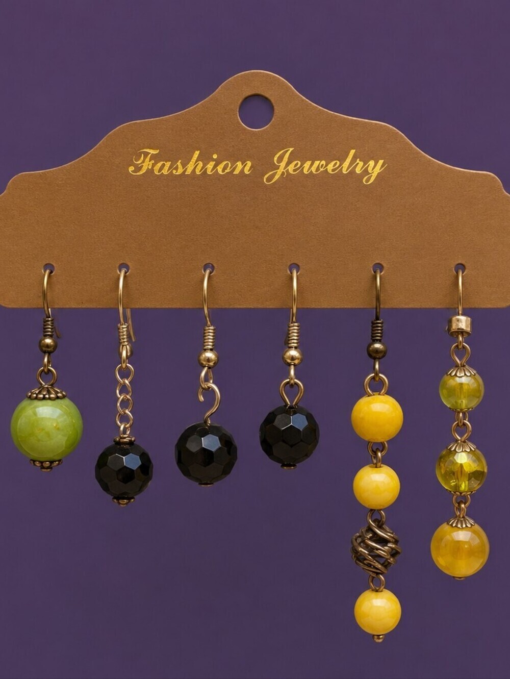 Vintage One Black Pair and Four Green and Yellow Single Dangle Earrings Set